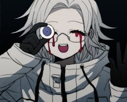 1boy :d ^_^ aotsuki_eito arm_up arms_up black_background black_gloves blood bloody_tears blue_eyes chinese_commentary closed_eyes drawstring eyeball facing_viewer glasses gloves grey_hair highres holding_eyeball jacket male_focus open_mouth portrait robinthebird007 short_hair simple_background smile solo teeth the_hundred_line_-last_defense_academy- upper_teeth_only waving white_jacket zipper