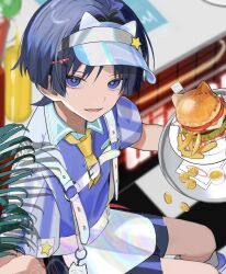 1boy alternate_costume apron aqua_collar black_shorts blunt_ends blurry blurry_background bun_(food) burger cat cat_burger collared_shirt contemporary eyelashes eyeliner eyeshadow food french_fries fried_egg from_above genshin_impact grey_hair hair_ornament hairclip harness hat hat_ornament highres holding holding_saucer lettuce looking_at_viewer looking_up makeup male_focus mora_(genshin_impact) mustard o-ring o-ring_harness plant plate purple_eyes purple_shirt purple_sleeves red_eyeliner red_eyeshadow rtms saucer scaramouche_(genshin_impact) shirt shorts solo star_(symbol) star_hat_ornament striped_sleeves tile_floor tiles tissue tomato tomato_slice tsurime twitter_username visor_cap waist_apron waiter wanderer_(genshin_impact) white_apron white_hat white_sleeves wispy_bangs