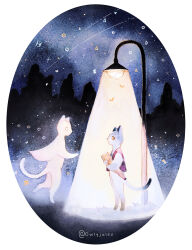 1boy artist_name border cityscape commentary english_commentary flashlight furry ghost glowing highres holding holding_flashlight lamppost night night_sky original outdoors oval_image owlyjules painting_(medium) sky spotlight standing star_(sky) starry_sky traditional_media twitter_username vest watercolor_(medium) white_border