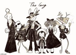 1other 2boys 3girls aida_(aidacamelia0516) bloodshot_eyes bow button_eyes buttons cigarette coat coat_on_shoulders collared_shirt dress fedora full_body gangle_(the_amazing_digital_circus) greyscale hair_bow hat highres holding holding_cigarette jax_(the_amazing_digital_circus) kinger_(the_amazing_digital_circus) long_sleeves monochrome multiple_boys multiple_girls necktie open_mouth pomni_(the_amazing_digital_circus) ragatha_(the_amazing_digital_circus) ribbon sepia shirt shorts smile smoke smoking socks sweat the_amazing_digital_circus vest zooble_(the_amazing_digital_circus)