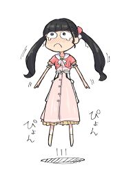 1girl 3rd_live_tour_try_tri_unity!!! :c animification black_hair bloom_the_smile_bloom_the_dream! blunt_bangs commentary_request deformed dress dripping_eye frilled_dress frills full_body hatching_(texture) highres jacket jumping kan_kanna konpeitou1982 link!_like!_love_live! long_dress long_hair love_live! motion_lines neckerchief official_alternate_costume open_clothes open_jacket pink_dress pink_jacket puffy_short_sleeves puffy_sleeves real_life shadow short-sleeved_jacket short_sleeves sidelocks simple_background solo sound_effects speed_lines twintails voice_actor white_background white_neckerchief
