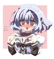 1boy :d @_@ asuka_minato blue_hair blush bow bowtie braid commentary_request cropped_torso embarrassed eyes_visible_through_hair hair_between_eyes hands_up happy_birthday highres holding holding_panties holding_underwear holding_unworn_clothes male_focus medium_hair nervous_sweating nose_blush open_mouth oshiribasket otome_domain panties pink_background pink_panties red_bow red_bowtie red_eyes school_uniform shirt simple_background single_braid sleeves_past_wrists smile solo sweat trap trembling two-tone_background underwear upper_body white_shirt