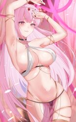 1girl absurdres arabian_clothes arm_up armlet armpits bare_shoulders belly_dancing black_choker black_nails blush bracelet breasts choker circlet cleavage commentary covered_erect_nipples dancer earrings english_commentary harem_outfit highres hololive jewelry kaeha large_breasts long_hair looking_at_viewer micro_panties midriff mori_calliope mouth_veil nail_polish navel neck_ring panties pelvic_curtain red_eyes sling_bikini_top smile solo thighlet underwear veil virtual_youtuber