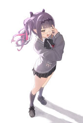 Rule 34 | 1girl, :d, absurdres, black neckerchief, black shoes, black skirt, black socks, cardigan, chuunibyou, collared shirt, colored inner hair, commentary, cross-laced shoes, eyepatch, full body, grey cardigan, grey eyes, hand over face, hand up, highres, hololive, hololive english, kneehighs, long hair, looking at viewer, midori fufu, miniskirt, multicolored hair, neckerchief, ninomae ina&#039;nis (school uniform), one eye covered, open mouth, pink hair, plaid clothes, plaid skirt, pleated skirt, pointy ears, shirt, shoes, side ponytail, skirt, sleeves past wrists, smile, socks, solo, standing, symbol-only commentary, teeth, upper teeth only, virtual youtuber, white background, white shirt