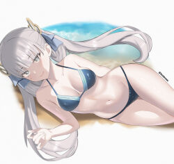 1girl absurdres bikini black_bikini breasts cleavage colored_eyelashes cowboy_shot hair_rings highres jinhsi_(wuthering_waves) long_hair looking_at_viewer lying medium_breasts millerbrave mole mole_on_cheek navel on_side solo swimsuit twintails very_long_hair white_eyelashes white_eyes white_hair wuthering_waves