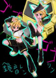 1boy 1girl abs alice_(afternoon_gleam) black_background black_shorts black_sleeves black_socks blush_stickers commentary_request crop_top detached_sleeves full_body green_eyes kagamine_len kagamine_rin loose_socks menacing_(jojo) navel necktie open_mouth shirt shoes short_hair shorts socks steamroller translation_request vocaloid white_shirt white_shoes yellow_necktie