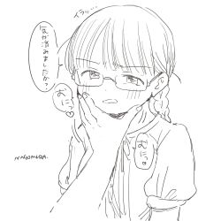 1girl 1other angry artist_name blunt_bangs blush braid check_translation dot_nose dress glasses hand_on_another&#039;s_cheek hand_on_another&#039;s_face highres looking_at_viewer monochrome nagomurasan open_mouth original pov puffy_short_sleeves puffy_sleeves short_hair short_sleeves signature simple_background sketch speech_bubble translation_request white_background