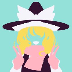 Rule 34 | black headwear, black vest, blonde hair, double v, gloves, hat, hat ribbon, highres, juliet sleeves, kirisame marisa, blue background, limited palette, long sleeves, maskin mei, minimalism, open mouth, pink gloves, pink scarf, puffy sleeves, ribbon, scarf, shirt, smile, touhou, v, vector art, vest, white ribbon, white shirt, witch, witch hat