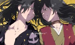 Rule 34 | 1boy, 1girl, black hair, brown eyes, closed mouth, dororo (character), dororo (tezuka), eye contact, highres, hyakkimaru (dororo), japanese clothes, light smile, long hair, looking at another, lying, ponytail, ringorenji, spoilers, twitter username, upper body