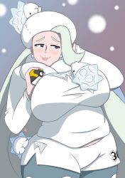 1girl absurdres blue_eyes breasts bug earrings fur_collar gen_8_pokemon half-closed_eyes hat highres jewelry large_breasts long_hair long_sleeves mature_female melony_(pokemon) multicolored_hair nintendo pantyhose pantyhose_under_shorts pearl_earrings poke_ball pokemon pokemon_(creature) pokemon_swsh profcarson raised_eyebrows shorts side_slit side_slit_shorts smile snom streaked_hair sweater ultra_ball ushanka white_hat white_sweater worm