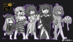 Rule 34 | 5girls, @ @, ahoge, akoya matama, anemo nemo, araga kiwi, artist name, barefoot, bat wings, black background, blush, chinese clothes, covering privates, dangling eye, dress, drooling, embarrassed, full body, guagua977, hair over one eye, highres, hiiragi utena, jiangshi, long hair, looking at viewer, mahou shoujo ni akogarete, medium hair, monochrome, morino korisu, multiple girls, mummy costume, open mouth, outstretched arms, pumpkin, scar, sharp teeth, simple background, striped clothes, tears, teeth, upper teeth only, vampire costume, venalita, wings, zombie, zombie pose