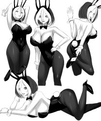 1girl animal_ears bare_shoulders black_lips bow bowtie breasts card cleavage colored_bangs commentary commission cropped_legs detached_collar english_commentary facing_viewer fake_animal_ears fake_tail feet_out_of_frame from_behind full_body goth_fashion greyscale hair_between_eyes high_heels highres large_breasts leotard looking_at_viewer looking_back lying marvel medium_hair monochrome multicolored_hair multiple_views on_stomach pantyhose playboy_bunny playing_card rabbit_ears rabbit_tail rogue_(x-men) solo solphel tail two-tone_hair white_background wrist_cuffs x-men x-men_evolution