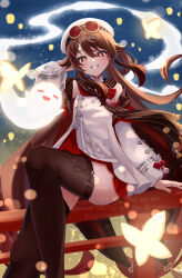 1girl boo_tao_(genshin_impact) brown_hair brown_scarf brown_thighhighs chinese_clothes eyewear_on_head flower-shaped_pupils genshin_impact ghost hair_rings hat highres hu_tao_(cherries_snow-laden)_(genshin_impact) hu_tao_(genshin_impact) jacket long_hair looking_at_viewer official_alternate_costume red-tinted_eyewear red_eyes red_nails red_skirt rinmel9 round_eyewear scarf skirt smile symbol-shaped_pupils thighhighs tinted_eyewear white_hat