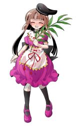 1girl apron black_hat black_socks bow brown_hair commentary_request dairi dress full_body hat myouga_(plant) nishida_satono pink_dress purple_eyes purple_shoes shoes short_hair_with_long_locks short_sleeves smile socks solo standing straight-on tachi-e tate_eboshi touhou transparent_background waist_apron