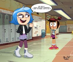 2girls alternate_hairstyle andrea_davenport artist_name blue_hair brown_hair commentary english_commentary english_text highres indoors joseartcentenoofficial molly_mcgee multiple_girls pantyhose short_hair signature speech_bubble the_ghost_and_molly_mcgee