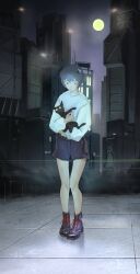 Rule 34 | 1girl, absurdres, animal, ayanami rei, bin jiang, black cat, blue hair, cat, colored sclera, commentary, english commentary, full body, full moon, highres, holding, holding animal, holding cat, moon, neon genesis evangelion, red eyes, short hair, yellow sclera