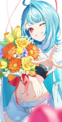 1girl :3 absurdres ahoge blue_hair bouquet braid cowboy_shot flower grin highres holding holding_bouquet looking_at_viewer midriff multicolored_hair navel okishiro one_eye_closed orange_nails parted_bangs red_eyes shiranami_ramune shorts simple_background single_hair_intake smile solo streaked_hair virtual_youtuber vspo! vspo!_showdown w white_background
