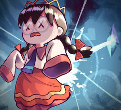 1girl black_hair blue_background crown crystal freckles glasses highres kirby_(series) kirby_64 long_sleeves nintendo ripple_star_queen round_eyewear sleeves_past_fingers sleeves_past_wrists solo suyasuyabi wavy_mouth wide_sleeves x_x
