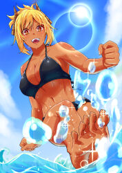 1girl bare_arms bare_legs bare_shoulders barefoot beach bikini black_bikini blonde_hair blue_sky breasts cleavage clenched_hands cloud cloudy_sky collarbone commentary dark-skinned_female dark_skin day demon_girl demon_horns english_commentary feet fingernails foot_focus happy highres horns kicking kuroyama_mary large_breasts lens_flare light_blush long_bangs long_eyelashes long_toenails looking_down multicolored_eyes navel neko_040 ocean open_mouth orange_eyes original pointy_ears red_eyes sharp_teeth shiny_skin sky slit_pupils smile soles solo splashing sun_glare swimsuit teeth toenails tongue upper_teeth_only wet yellow_eyes
