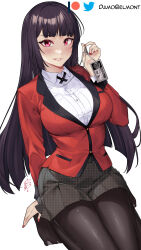 1girl artist_name black_hair black_pantyhose black_skirt blush breasts chain damobelmont grin hand_up highres holding hyakkaou_academy_school_uniform jabami_yumeko jacket kakegurui large_breasts long_hair looking_at_viewer pantyhose parted_lips purple_eyes red_jacket red_nails school_uniform shirt simple_background skirt smile solo very_long_hair white_background white_shirt
