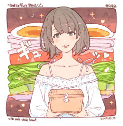 Rule 34 | 1girl, bare shoulders, bilingual text, border, box, brown hair, collarbone, commentary request, dated, english text, eyelashes, food, food-themed background, green eyes, happy, hardboiled egg, heart, holding, holding box, lace, lace-trimmed shirt, lace trim, lettuce, light blush, lipstick, long sleeves, looking at viewer, makeup, mixed-language text, momiji mao, off-shoulder shirt, off shoulder, original, parted lips, pink lips, puffy long sleeves, puffy sleeves, ribbon, sandwich, shirt, short hair, smile, solo, spaghetti strap, sparkle, tomato, tomato slice, translation request, upper body, white border, white ribbon, white shirt
