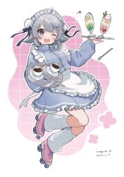 1girl ;d apron binchou_maguro blue_jacket blue_skirt blush bun_cover cevio coffee commentary_request cup dated double_bun fang frilled_apron frilled_skirt frills full_body grey_hair hair_bun hair_ornament hands_up holding holding_tray jacket jersey_maid kneehighs koharu_rikka long_sleeves looking_at_viewer maid maid_headdress mug one_eye_closed open_mouth outline pink_shoes purple_eyes roller_skates saucer shoes short_hair signature skates skin_fang skirt smile socks solo spoon synthesizer_v track_jacket tray unconventional_maid v-shaped_eyebrows white_apron white_outline white_socks x_hair_ornament zipper
