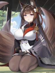 1girl absurdres amagi_(cv)_(azur_lane) animal_ears azur_lane black_gloves breasts brown_hair buttons day double-breasted eyeshadow fox_ears fox_girl fox_tail gloves grin highres kitsune large_breasts long_hair makeup miniskirt multiple_tails nobukusa0209 pantyhose pleated_skirt purple_eyes red_eyeshadow sakura_empire_(emblem) sitting skirt smile solo tail tatami thighs very_long_hair