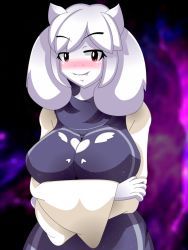 1girl animal_ears blush breast_hold breasts colored_skin fang furry goat heart large_breasts looking_at_viewer mairusu-paua mature_female smile toriel undertale white_skin