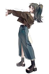 1girl absurdres bang_dream! bang_dream!_it&#039;s_mygo!!!!! black_hair black_nails black_shoes blue_eyes blue_skirt brown_jacket chinese_commentary closed_mouth commentary_request dated full_body half_updo hero45439083942 highres jacket long_hair nail_polish open-toe_shoes platform_shoes shoes simple_background skirt sleeves_past_wrists solo toenail_polish toenails white_background yahata_umiri