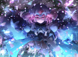 1girl barefoot black_bow black_bowtie blue_butterfly blue_dress blue_hat bow bowtie bug butterfly cherry_blossoms collar commentary_request dress falling_petals frilled_collar frills hat insect knees light_particles light_smile long_sleeves medium_hair mob_cap motion_blur night petals pink_eyes pink_hair pink_petals saigyouji_yuyuko see-through_clothes see-through_veil solo touhou triangular_headpiece veil zukapin