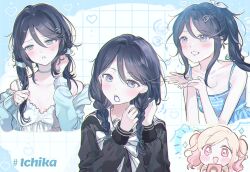 Rule 34 | 0202ase, absurdres, alternate hairstyle, black hair, blonde hair, blue eyes, blush, braid, chibi, hair ornament, hairclip, heart, highres, hoshino ichika (project sekai), long hair, long sleeves, multiple girls, multiple views, pink eyes, ponytail, project sekai, school uniform, smile, twin braids, twintails, tying hair