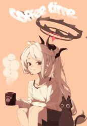 1girl absurdres ahoge black_halo blue_archive breasts cat coffee_mug cup demon_girl demon_horns halo highres hijo_(nakare2845) hina_(blue_archive) horns long_hair looking_at_viewer mug purple_eyes sitting small_breasts white_hair