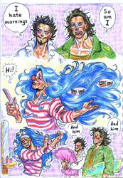 3boys beard black_hair blue_hair brushing_hair buggy_the_clown clown_nose comb commentary crocodile_(one_piece) dracule_mihawk english_commentary english_text facial_hair green_jacket highres holding holding_comb hugging_object jacket long_hair lovelowecraft makeup male_focus mirror multiple_boys mustache one_piece pillow red_nose short_hair speech_bubble stitched_face stitches striped_clothes upper_body very_long_hair