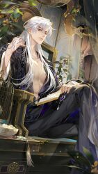 1boy abs black_hanfu black_pants chinese_clothes chinese_commentary closed_mouth collarbone commentary_request crossed_legs expressionless feet_out_of_frame fingernails hand_in_own_hair hand_on_own_leg hanfu highres hua_yi_shanxin_zhiyue indoors lantern light_particles ling_yan_ru lips long_hair long_sidelocks long_sleeves male_focus pants paper_lantern pectoral_cleavage pectorals purple_eyes scroll sidelocks sitting sitting_on_throne solo thick_eyebrows throne throne_room toned toned_male very_long_hair white_hair wide_sleeves ye_dian_pikaqiu