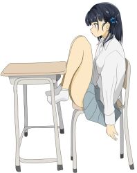 1girl basori_tiara blue_eyes blue_skirt chair collared_shirt desk from_side full_body gogottu2000 hair_ornament knees_up long_hair long_sleeves make_heroine_ga_oo_sugiru! mole mole_on_neck on_chair one_side_up pleated_skirt profile school_chair school_desk shirt simple_background sitting skirt socks solo thighs white_background white_shirt white_socks