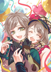 1boy 1girl balloon black_gloves braid brother_and_sister brown_hat clanne_(fire_emblem) commentary_request confetti fire_emblem fire_emblem_engage framme_(fire_emblem) gloves green_eyes grey_hair hat heart_balloon highres hug hug_from_behind long_hair looking_at_another looking_to_the_side newsboy_cap nintendo siblings simple_background smile swept_bangs twins twitter_username ursla99 white_background