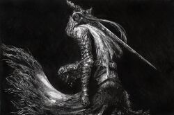 1boy absurdres armor artorias_the_abysswalker breastplate dark_souls_(series) dark_souls_i from_behind fu_xiao_ai gauntlets greyscale helmet highres holding holding_sword holding_weapon long_hair looking_at_viewer male_focus monochrome pauldrons plume shoulder_armor solo sword traditional_media weapon