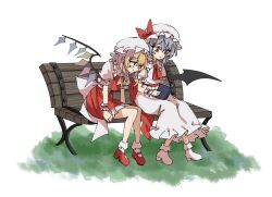 ascot bat_wings bench blonde_hair blue_hair book collared_shirt commentary_request crystal crystal_wings flandre_scarlet frilled_shirt_collar frills hair_between_eyes hat hat_ribbon highres holding holding_book hua88331 mob_cap multicolored_wings multiple_girls on_bench park_bench pink_hat pink_shirt pink_shoes pink_skirt puffy_short_sleeves puffy_sleeves red_ascot red_eyes red_nails red_ribbon red_shoes red_skirt red_vest remilia_scarlet ribbon shirt shoes short_hair short_sleeves siblings side_ponytail sisters sitting skirt skirt_set touhou vest white_background white_hat wings wooden_bench wrist_cuffs yellow_ascot