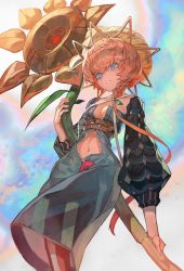 1girl belt blue_dress blue_eyes blush braid breasts cleavage clothing_cutout commentary_request dress fate/grand_order fate_(series) feet_out_of_frame flower from_below gradient_background hat highres holding holding_flower lack long_braid looking_at_viewer multiple_belts parted_lips short_hair short_hair_with_long_locks single_braid small_breasts solo stomach_cutout sunflower van_gogh_(fate) van_gogh_(first_ascension)_(fate) zipper zipper_pull_tab