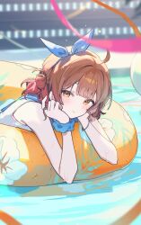 Rule 34 | 1girl, ahoge, bare shoulders, bikini, blush, bow, breasts, brown eyes, brown hair, closed mouth, gakuen idolmaster, gradient hair, hair bow, hair bun, hair ornament, hairband, hanami ume, highres, idolmaster, innertube, looking at viewer, multicolored hair, ningen mame, outdoors, pool, sailor bikini, sailor collar, scrunchie, smile, solo, swim ring, swimsuit, upper body, water, wet, white bikini, wrist scrunchie
