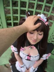 Rule 34 | 10s, 1girl, absurdres, animal ears, apron, bell, black bow, black bowtie, bow, bowtie, breasts, brown hair, cat ears, character name, chocola (nekopara), chocola (nekopara) (cosplay), chocola (sayori) (cosplay), choker, cleavage, closed eyes, commentary, cosplay, cosplay photo, day, fake animal ears, from above, headpat, highres, hime cut, jingle bell, littlekittymiau, long hair, maid, maid apron, maid headdress, name tag, neck bell, nekopara, outdoors, petting, photo (medium), pink bow, pink bowtie, smile, solo focus, very long hair