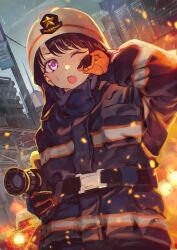 1girl apartment arm_up baggy_clothes belt black_hair blue_jacket building car city cloud cloudy_sky cowboy_shot eyelashes fang fire fire_helmet firefighter firefighter_jacket fukumaru_koito gloves hand_over_face helmet highres holding holding_hose hose idolmaster idolmaster_shiny_colors jacket long_sleeves motor_vehicle official_alternate_costume one_eye_closed open_mouth orange_gloves otsudou outdoors purple_eyes rain skin_fang sky solo standing sweat sweatdrop swept_bangs urban white_helmet