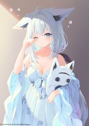 Rule 34 | 1girl, alternate costume, animal ear fluff, animal ear piercing, animal ears, bare shoulders, blue nightgown, blue shawl, braided sidelock, breasts, cleavage, collarbone, crossed bangs, floppy ears, fox ears, fox girl, highres, holding, holding stuffed toy, hololive, looking at viewer, low ponytail, medium breasts, miteiru (shirakami fubuki), nightgown, one eye closed, ponytail, rubbing eyes, shawl, shirakami fubuki, sidelocks, sleepy, solo, squeans, straight-on, stuffed toy, takaya naru, upper body, virtual youtuber, white hair