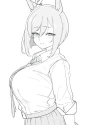 Rule 34 | 1girl, animal ears, blush, breasts, character request, closed mouth, collared shirt, commentary request, from side, greyscale, half-closed eyes, highres, horse ears, horse girl, huge breasts, looking at viewer, monochrome, necktie, pleated skirt, school uniform, shirt, shirt tucked in, short hair, skirt, sleeves rolled up, smile, solo, takapachi.jp, umamusume, upper body