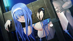 1boy 1girl alice_soft bdsm bent_over blue_eyes blue_hair blush bondage bound bound_wrists breasts bridal_gauntlets censored chain choukou_(alicesoft) choukou_shinki_ixseal dark_skin doggystyle ellis_xillia fat fat_man hairband hanging_breasts hetero ixseal large_breasts long_hair nipples official_art onigirikun open_mouth rape restrained sex sex_from_behind solo_focus stationary_restraints thighhighs torn_clothes white_hairband