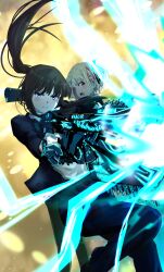 2girls absurdres alternate_eye_color black_hair black_jacket black_ribbon blonde_hair blue_eyes blue_pants commentary_request dominator_(gun) firing floating_hair gun hair_ribbon highres holding holding_gun holding_weapon inoue_takina jacket long_hair long_sleeves lycoris_recoil multiple_girls nishikigi_chisato one_side_up open_mouth pants ponytail psycho-pass ribbon sengoku_chidori short_hair weapon yellow_eyes