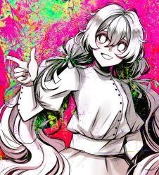 Rule 34 | 1girl, bright pupils, charlotte wiltshire, charlotte wiltshire (q84), empty eyes, fluffyblessing, hair ribbon, hello charlotte, highres, long hair, long sleeves, multicolored background, open mouth, paint splatter, ribbon, shirt, skirt, smile, solo, twintails, very long hair, wavy hair, white eyes, white hair, white pupils, white shirt