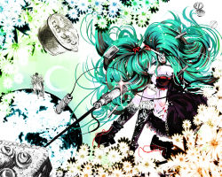 1girl bad_id bad_pixiv_id cura female_focus flower green_hair hatsune_miku long_hair microphone solo very_long_hair vocaloid yamaha