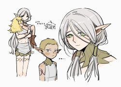 1boy 2girls arm_tattoo bare_shoulders blonde_hair blush carrying carrying_person chibi chibi_inset closed_eyes dungeon_meshi earrings elf fleki gorget green_eyes grey_hair hair_around_ear jewelry krsmentaiko long_hair low_twintails lycion multiple_earrings multiple_girls notched_ear otta_(dungeon_meshi) pointy_ears princess_carry short_hair simple_background sleeveless tattoo topless_male tunic twintails very_short_hair white_background