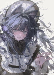 Rule 34 | 1girl, animal ears, black dress, blue eyes, blue hair, bonnet, bow, braid, cat ears, cross, dress, frilled dress, frilled hairband, frilled sleeves, frills, goth fashion, hairband, half up braid, hand up, highres, lolita fashion, lolita hairband, long hair, open mouth, ribbon, sweet lolita, upper body, weibo 5312459091, white bow